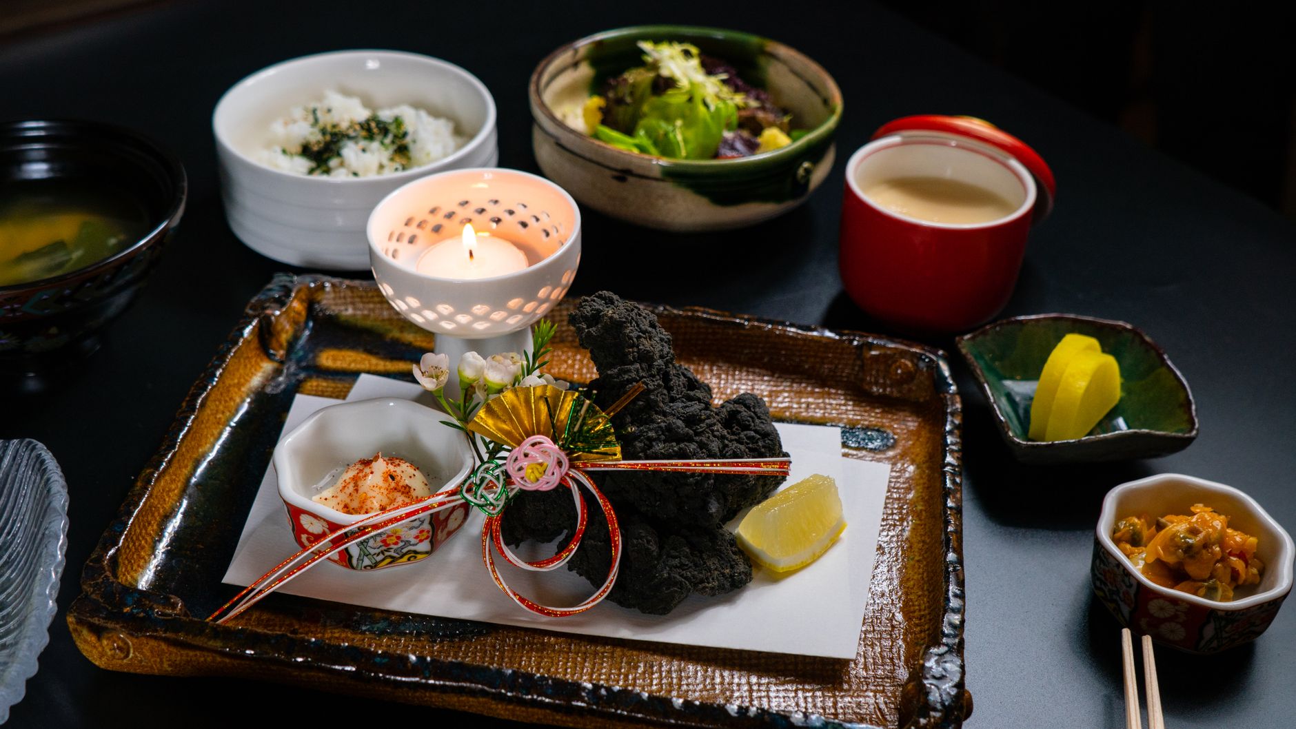 Traditional Kyoto dining setting with garden view